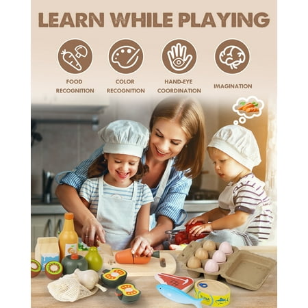 Wooden Play Food Sets for Kids Kitchen, Food Toys for Toddlers 3+ Year Old, with Shopping Bag, Pretend Food Play Kitchen Cutting Fruits Vegetables Toys, Gift for Boys Girls Educational Toys