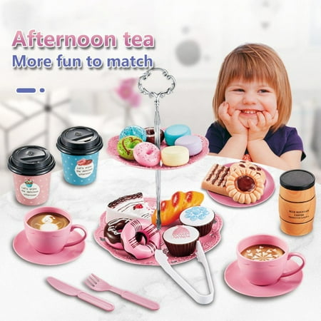 Ababeny Pretend Tea Party Set for Little Girls, 38 PCS Coffee Maker Set and Play Food Dessert Set for Kids Age 3 4 5 6 7 8 9（pink）