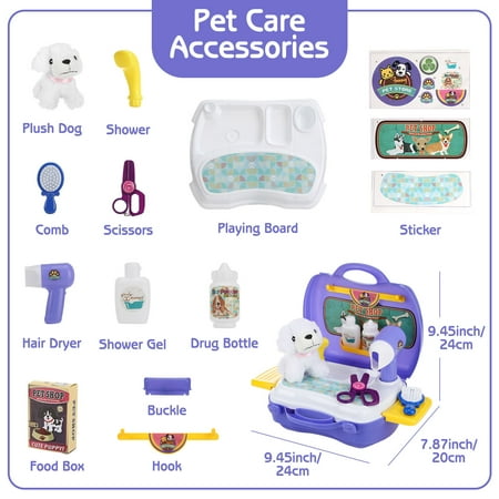 Anpro 16PCS Pet Care Play Set, Pretend Vet Grooming Doctor Kit Toys for Kids, Dog Grooming Kit with Backpack Doctor Set for Kids 3-7 Years Old Gifts, Purple