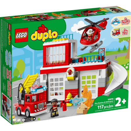 LEGO DUPLO Fire Station & Helicopter Playset 10970, with Push & Go Truck Toy for Toddlers, Boys and Girls 2 Plus Years Old, Large Bricks Educational Learning Toys