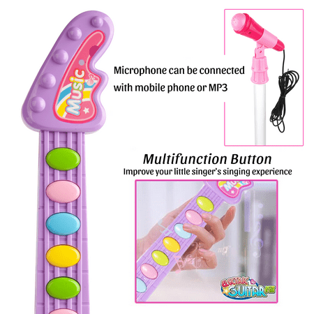 UUGEE Kids Guitar Toys for Girls 3-6 Years, Child Pretend Flash Electric Play Musical Instrument Toy with Mic Stand, Pink