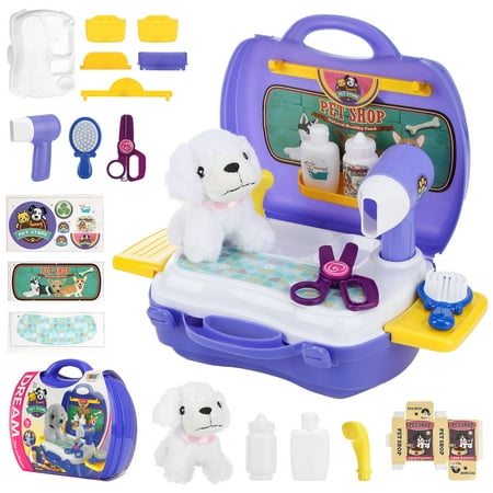 Zacro Pet Care Play Set, 16PCS Pretend Play Vet Toy for Kids, Dog Bath & Grooming Set Toddler Doctor Kit with Carrying Suitcase for Boys Girls Gifts