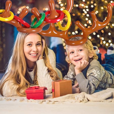 2 Pack Inflatable Reindeer Antler Ring Toss Game for Christmas Party, Set of 2 Antler Hats with Rings for Kids Adults Family Xmas Fun Games (12 Rings, 2 Antlers, 2 Noses, 1 Pump)