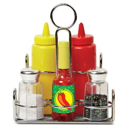 Melissa & Doug Condiments Play Set (6 pcs) - Play Food, Stainless Steel Caddy