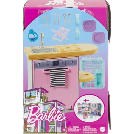 Barbie Indoor Doll House Furniture Set, Dishwasher with Counter & Kitchen Accessories