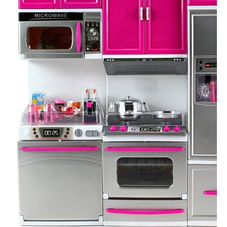 Kitchen Connection My Modern Kitchen Full Deluxe Kit Kitchen Playset: Refrigerator, Stove, Microwave - Pink & Silver-13.5" x 12"