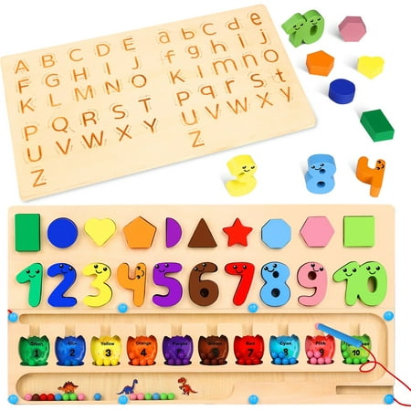 4 in 1 Montessori Learning Toys for Toddlers 2 3 4 5 Year Old, Educational Toys Wooden Puzzles Blocks Alphabet Number Maze Preschool Learning Activities Color Shape Sorter Girls Boys Kids Gift