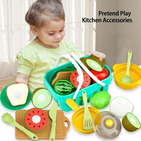 17 Pcs Pretend Play Kitchen Accessories Toys Set,Plastic Fruits with Basket Cutting Food Toys for Toddlers Playset Gifts for 3 4 5 Years Old Kids Girls Boys Toddler