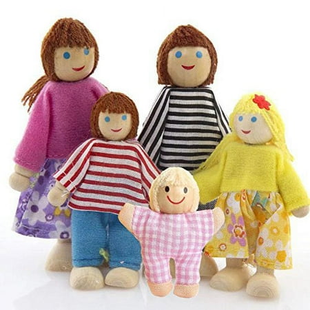 BESTSKY Kids Girls Lovely Happy Dolls Family Playset Wooden Figures Set of 7 People for Children Dollhouse Pretend Gift