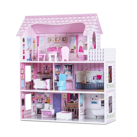 Gymax 28'' Pink Dollhouse w/ Furniture Gliding Elevator Rooms 3 Levels Young Girls Toy