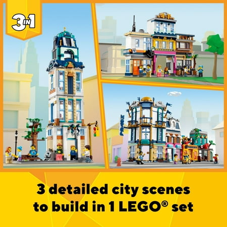 LEGO Creator 3 in 1 Main Street Building Toy Set, Features a Toy City, Art Deco Building, Market Street, Hotel, Café, Music Store and 6 Minifigures, Endless Play Possibilities for Kids, 31141