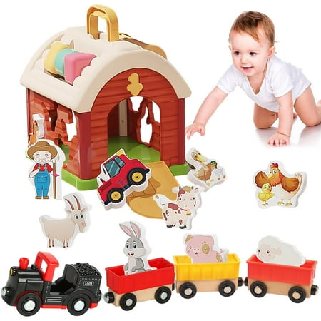 Farm Animals Toys, Take-Along Sorting Barn Toy with Wooden Train, Montessori Toys for 1 2 3 Year Old Boys and Girls, Christmas Birthday Gifts for Toddlers 1-3