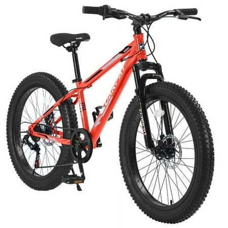 S24109 24 Inch Fat Tire Bike Adult/Youth Full Shimano 7 Speeds Mountain Bike, Dual Disc Brake, High-Carbon Steel Frame, Front Suspension, Mountain Trail Bike, Urban Commuter City Bicycle