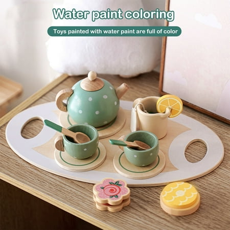 Evjurcn 14Pcs Tea Set Toy Wooden Pretend Play Tea Party Set Learning Role Play Funny Dessert Food Kid Playset Interactive Simulation Teacup Toy for Toddler Girls Boys