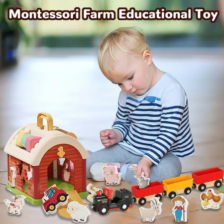 Farm Animals Toys, Take-Along Sorting Barn Toy with Wooden Train, Montessori Toys for 1 2 3 Year Old Boys and Girls, Christmas Birthday Gifts for Toddlers 1-3