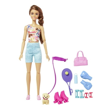 Barbie Self-Care Posable Doll, Brunette Workout Doll with Puppy and Accessories