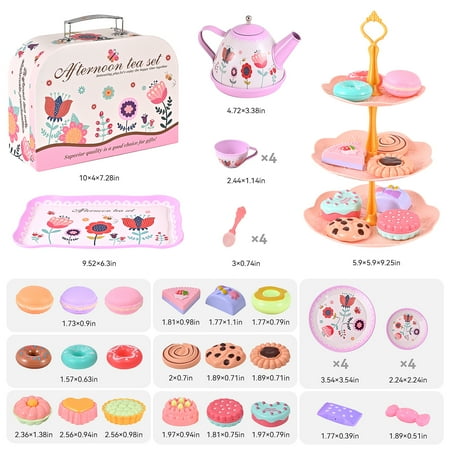 45PCS Tea Party Set, Gift for Girls Princess Tea Party Set Kitchen Pretend Toys with Tin Teapot, Cups, Plates and Carrying Case. Cake, Food for 3+Girls