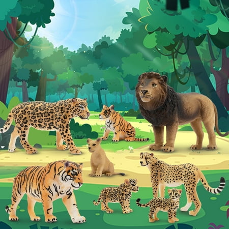 Toymany 8PCS 2-5" Plastic Jungle Animals Figure Playset Includes Baby Animals, Realistic Lion, Tiger, Cheetah, Leopard Figurines with Cub, Cake Toppers Christmas Birthday Toy Gift for Kids Toddlers