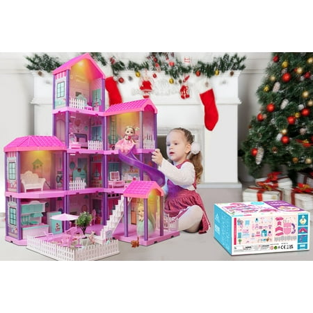 Freecat 36 inch Dollhouse with Slide,Dolls and 11 Rooms,Creative Dollhouse Toys Gift for 3 to 6 Year Old Girls