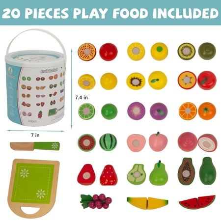 WoodenEdu Wooden Play Food for Kids Kitchen, 38PCS Cutting Fruits Toys for Toddlers Pretend Vegetables Gift for Boys Girls Educational Toys (Fruit Bucket)