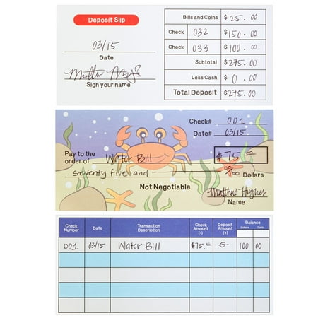 150 Sheets Fake Checkbook for Kids Learning with Pretend Deposit Slip and Check Register for Play School Supplies, Ocean Themed