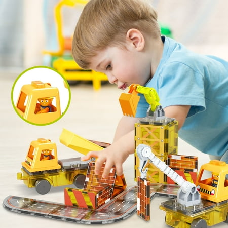 PicassoTiles 50 PC 5-in-1 Magnet Tile Construction Site Themed Magnetic Building Blocks Toy Set for Kids Ages 3+