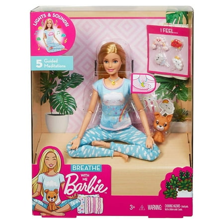 Barbie Breathe with Me Meditation Doll, Blonde, with 5 Lights & Guided Meditation Exercises, Puppy and 4 Emoji Accessories