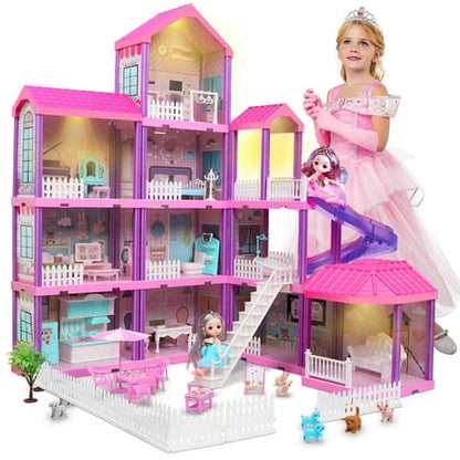 Freecat 36 inch Dollhouse with Slide,Dolls and 11 Rooms,Creative Dollhouse Toys Gift for 3 to 6 Year Old Girls