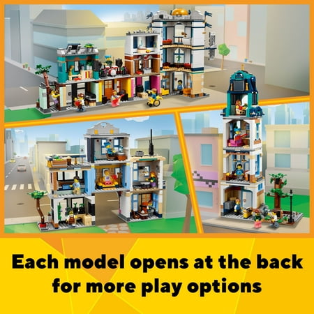 LEGO Creator 3 in 1 Main Street Building Toy Set, Features a Toy City, Art Deco Building, Market Street, Hotel, Café, Music Store and 6 Minifigures, Endless Play Possibilities for Kids, 31141