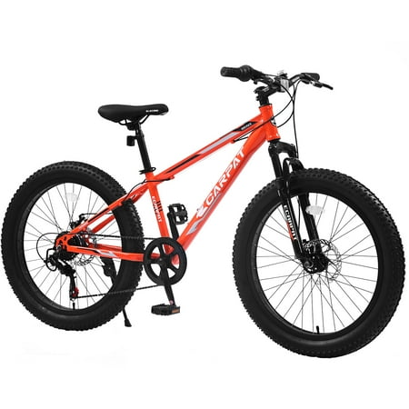 24 inch Fat Tire Bike, Shimano 7-Speed, Dual-Disc Brakes, Orange Trail Mountain Bike for Adult/Youth