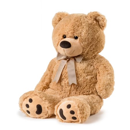 JOON Big Teddy Bear - Fluffy Faux Fur, Ribbon & Bow Signature Footprints- Huggable & Lovable Joy - Ideal Gift for Baby Showers, Loved Ones – Perfect Big Cuddly Plush Toy Companion, 28 Inches, Tan