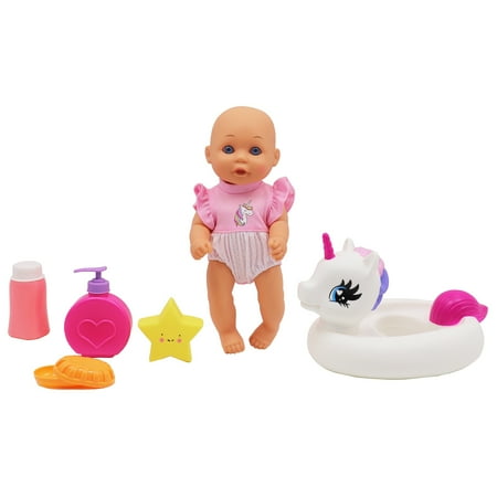 Dream Collection, Water Baby Doll in Unicorn Floater - Accessories for Realistic Pretend Play, Posable Soft Body, Star Toy, Lotion & Soap Case - 12