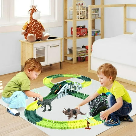 Anpro Dinosaur Toys Race Car Track Set for Kids, 250pcs Race Car Track Set Vehicle Playsets Dinosaur World Road Toys Flexible Track Playset for Boys Age 3+ Best Christmas Gift