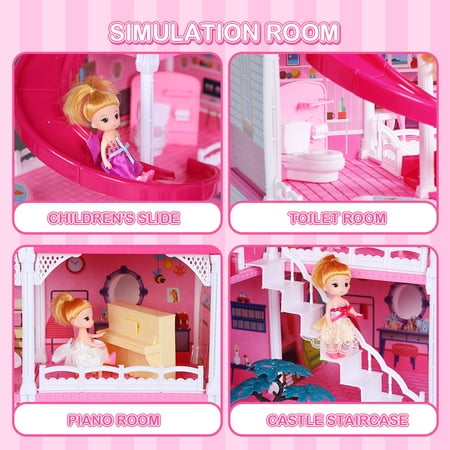 JoyStone Dollhouse with Lights, 4-Story 12 Rooms Huge Doll House with 4 Dolls Toy Figures, Fully Furnished Pretend Playhouse Gifts for Girls Ages 3+, Pink