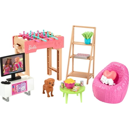 Barbie World Game Room Set with 19 Dollhouse Accessories Including Furniture, Foosball Table & Pets