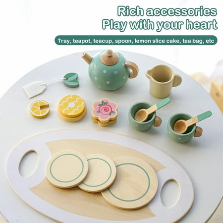 Evjurcn 14Pcs Tea Set Toy Wooden Pretend Play Tea Party Set Learning Role Play Funny Dessert Food Kid Playset Interactive Simulation Teacup Toy for Toddler Girls Boys