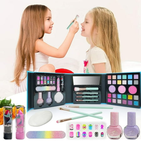 Non Toxic Washable Cosmetic Toy Beauty Set, Real Makeup Kit for Girls, Little Princess Pretend Play Set Christmas Birthday Gift for 5+Years Old Kids, Blue