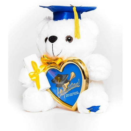 White Graduation Plush 9" Teddy Bear with Blue Cap and Diploma in Hand - Comes with a Heart Shaped Picture Frame Charming Toys Gift