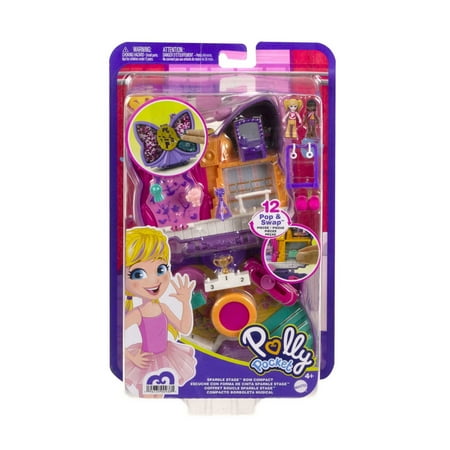 Polly Pocket Sparkle Stage Bow Compact Playset with 2 Micro Dolls & Accessories, Travel Toy