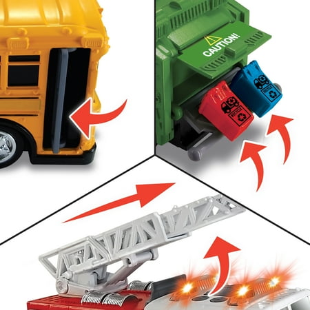 Adventure Force Light & Sound Mini City Service Vehicles, 3 Pack, School Bus, Fire Truck and Recycling Truck