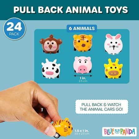 24-Pack Mini Animal Pull Back Cars for Toddlers, Kids Birthday Party Favors, Pinata Fillers, Goodie Bags, 1.5 x 1 in