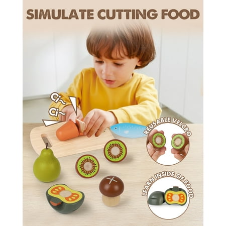 Wooden Play Food Sets for Kids Kitchen, Food Toys for Toddlers 3+ Year Old, with Shopping Bag, Pretend Food Play Kitchen Cutting Fruits Vegetables Toys, Gift for Boys Girls Educational Toys