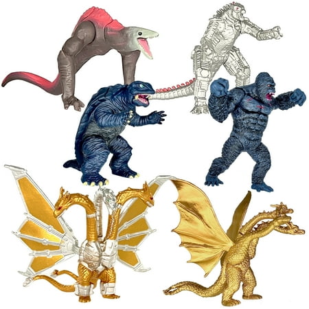 TwCare Exclusive Set of 6 Godzilla vs Kong Toys Movable Joint Action Figures, King of The Monster Dinosaur Ghidorah Skull Crawler Mecha Mechagodzilla Cake Toppers Pack