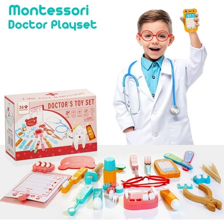 Wooden Doctor Kit for Kids, 39 Pieces Pretend Play Dentist Medical Kit with Stethoscope, Montessori Doctor Set Toy for Toddler Boys Girls Ages 3 4 5 6 7 8