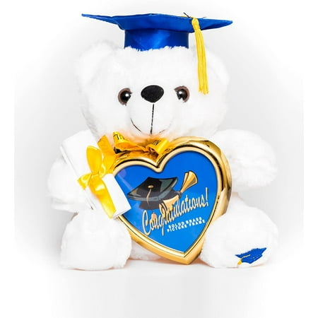 White Graduation Plush 9" Teddy Bear with Blue Cap and Diploma in Hand - Comes with a Heart Shaped Picture Frame Charming Toys Gift