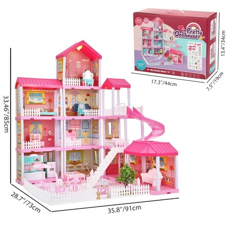 Anpro 4 Stories 11 Room Dollhouse for Girls, 33.46''H Princess Dollhouse with Furniture & Asseccories for Ages 3+, ABS Plastic, Pink