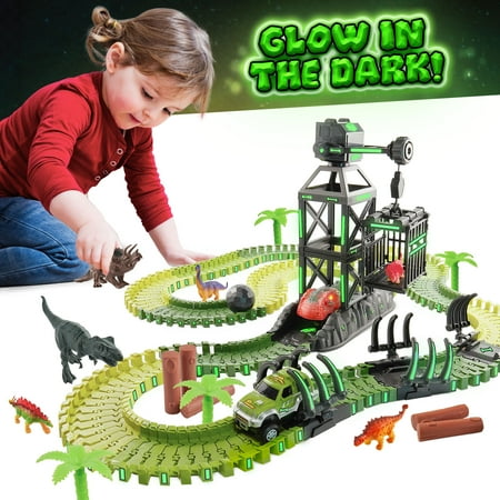 USA Toyz Dinosaur Dash Track STEM Set Toy, 6 Dinosaurs, LED Dino Car, 225 Piece Tracks for Kids Ages 3+