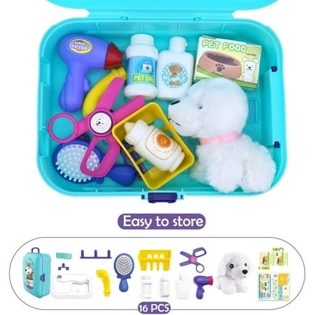 16 Pcs Pet Care Play Set Dog Grooming Kit with Backpack Doctor Set Vet Kit Educational Toy-Pretend Play for Toddlers Kids Children