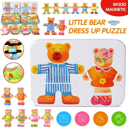 SHELLTON 36Pcs Magnetic Wooden Jigsaw, Bear Family Dress-Up Jigsaw Puzzles, Bear Change Clothes Games Toy for 3-6 Years Old Boys and Girls (Papa bear)