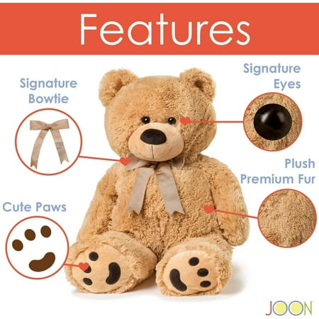 JOON Big Teddy Bear - Fluffy Faux Fur, Ribbon & Bow Signature Footprints- Huggable & Lovable Joy - Ideal Gift for Baby Showers, Loved Ones – Perfect Big Cuddly Plush Toy Companion, 28 Inches, Tan